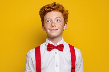 Waist up portrait of a fashionable red haired teenage boy in a white shirt with a red bow tie and suspenders set against a yellow studio background