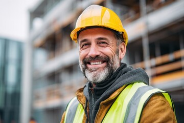Smiling man in a hard hat and reflective vest posing for the camera architect or engineer