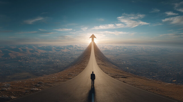 目標に向かい道を進むビジネスマン
