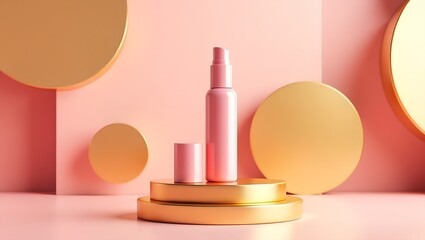 Pink Spray Bottle on Golden Geometric Podium