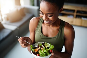 Healthy Woman Enjoying Vibrant Salad Bowl - Wellness and Nutrition Concept