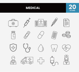 Medical Line Icon Set - Health Symbols in Outline Vector Style