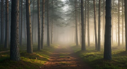 Fototapeta premium Ethereal morning light filters through a foggy pine forest, illuminating a tranquil woodland path.