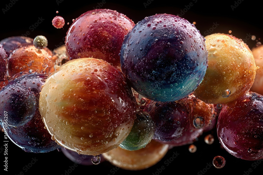 Poster colorful liquid spheres with water droplets float against a black background creating a stunning vis