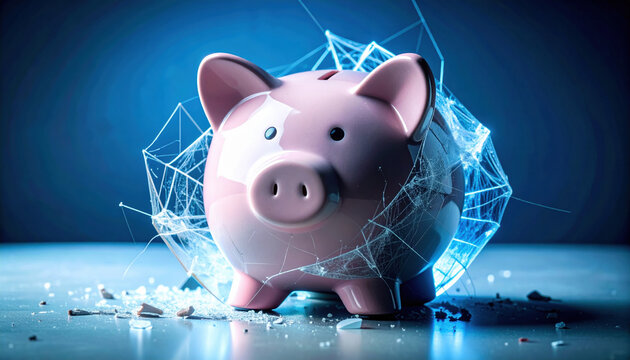Pink piggy bank with glowing blue digital network symbolizing fintech and future finance. hopeful concept for online banking, digital currency, savings, and investment