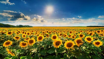 Obraz premium sunflower field blooms under a bright sun on a summer day in bela sunflowers field in summer bright sunny and windy day in belarus