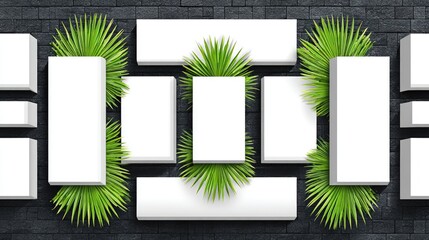 White rectangular podiums, flanked by greenery, on dark brick wall