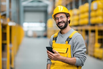 Logistics worker in yellow helmet and overalls smiling with smartphone against a warehouse backdrop