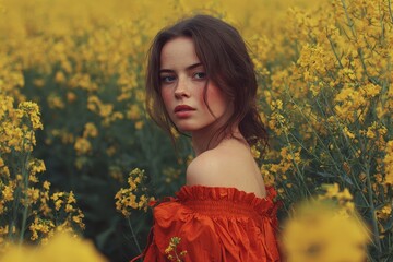 Naklejka premium Lovely woman in a canola field with a bare shoulder