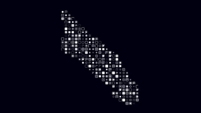 Aruba dotted animation. Shape of the country build of pulsating colored dots. Large size rounded square blocks. Digital style map on dark background. Vibrant video.