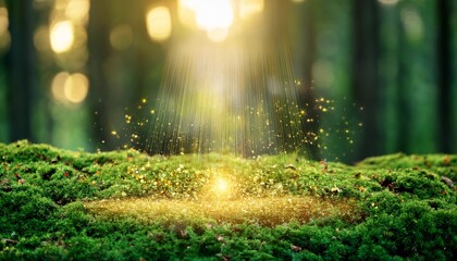 magical glowing golden particles hovering above a textured green forest floor with a blurred background
