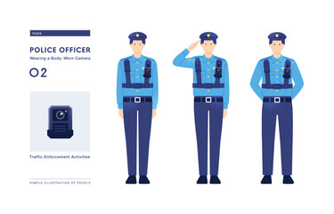 交通取締活動をする警察官 ウエアラブルカメラを胸に装着した警察のベクターイラスト素材のセット