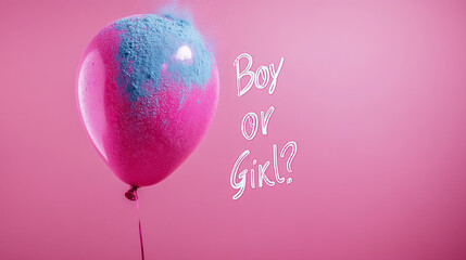 Gender reveal celebration with balloon pop exploding blue powder on pink background