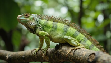Obraz premium Green iguana perched on tree branch, detailed scales, skin texture. Reptile rests in tropical foliage, reptilian eye alert. Close-up wildlife portrait captures wild iguana unique natural beauty.