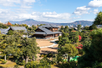 Panoramic View of Nijo Castle Gardens and Traditional Wooden Building, Kyoto, Japan