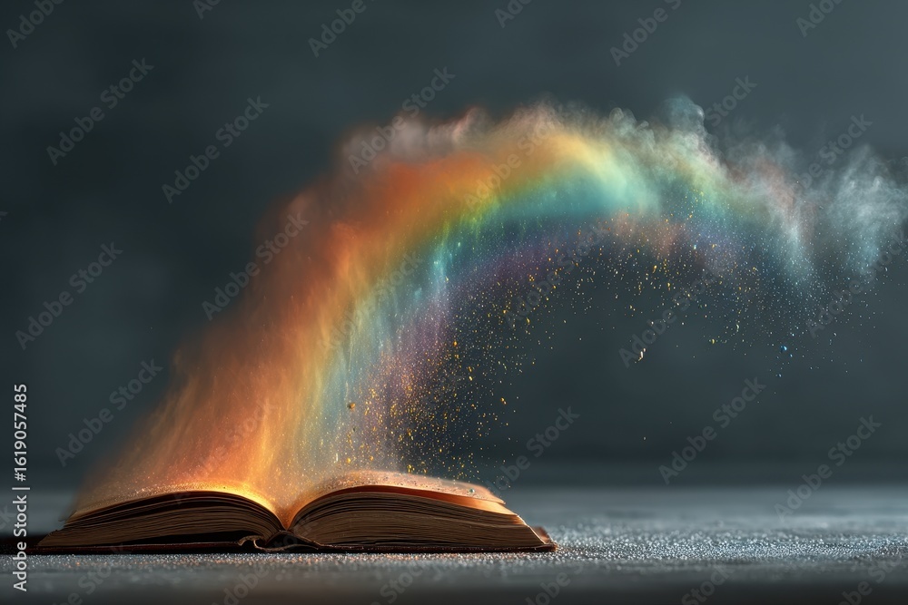Poster open vintage book with colorful powder in rainbow spectrum colors on the pages creating an artistic 