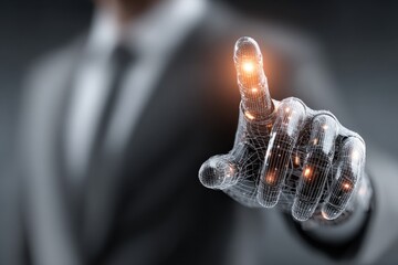 Mechanical humanoid in a business suit raises its index finger in a directive gesture while wearing a headset in a modern office