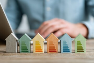 Evaluating efficiency of properties with colorful miniature houses and energy performance rating scale on a desk while using a laptop