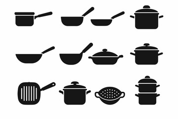 Kitchen, cooking silhouette icon set. pots, pans, culinary essentials silhouette collection
