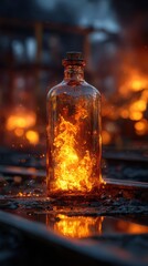 Glass bottle surrounded by flames in a dramatic fiery setting at night with reflective surface