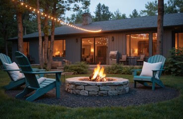 Cozy backyard fire pit gathering with string lights, teal Adirondack chairs, comfortable pillows. Stone fire pit with active flames, gravel ground, green grass, trees creates serene evening