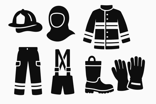 Firefighter silhouette icon set. essential firefighting gear in silhouette style