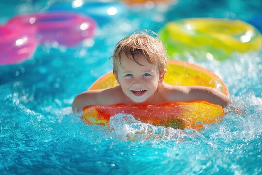 Playful young boy enjoying an outdoor pool learning to swim and playing with water toys Family summer fun