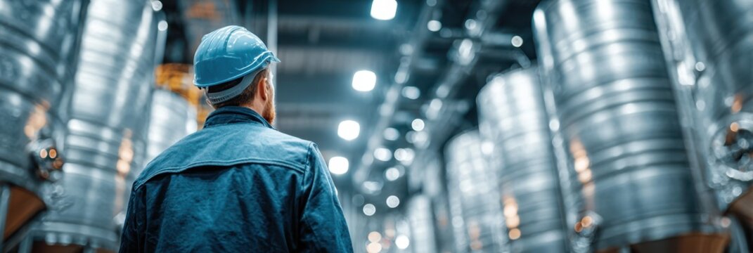 Worker inspects stainless steel tanks in a large industrial facility during the day