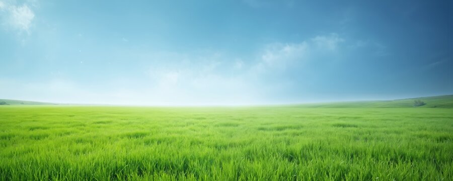Vibrant green meadow stretches towards bright blue sky with soft clouds. Expansive landscape offers sense of freedom, tranquility. Gentle sunlight illuminates scene creating peaceful, idylli