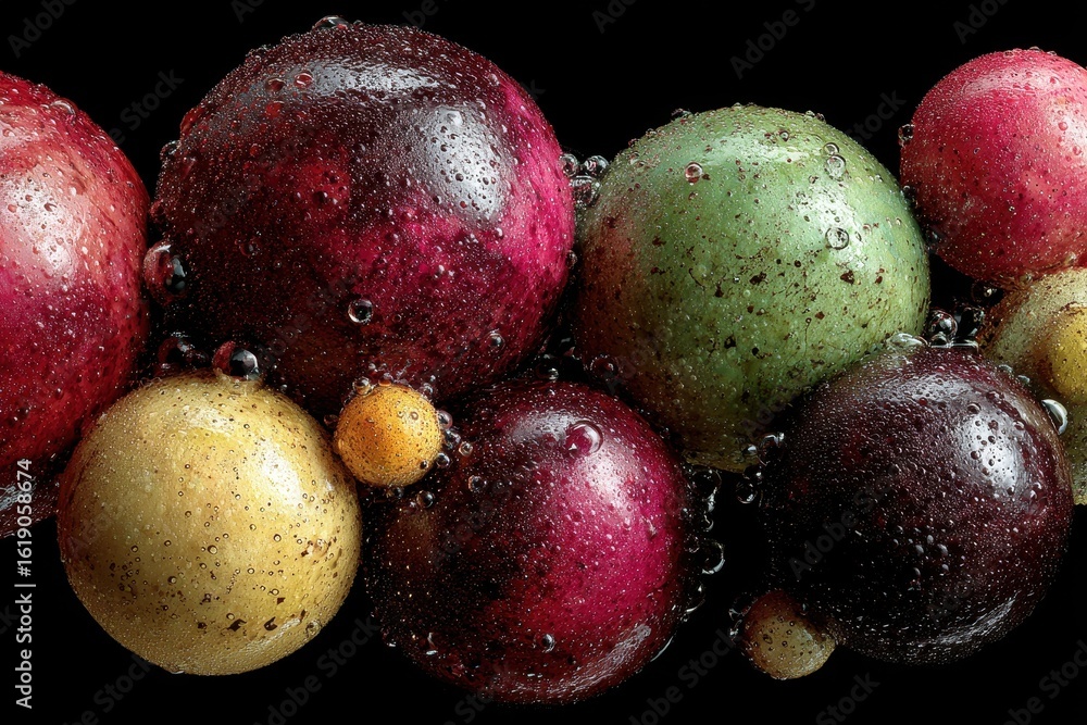 Poster colorful liquid spheres with water droplets float against a black background creating a stunning vis