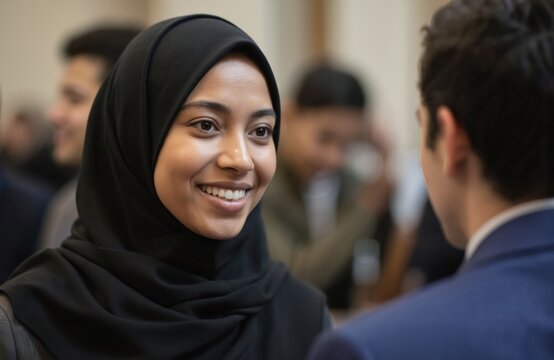 Smiling Muslim businesswoman wearing hijab speaks at business networking event. Diverse colleagues in background. Pro attire, confident demeanor, promoting teamwork and success in corporate setting. - Powered by Adobe