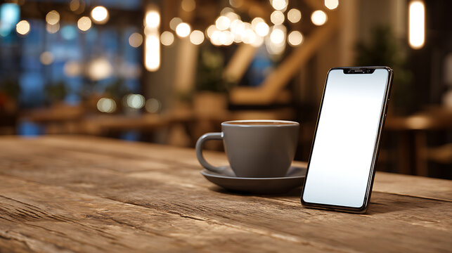 Modern smartphone and coffee cup on a rustic wooden bar in a cozy cafe