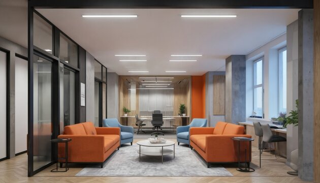 Modern office waiting area features comfortable orange sofas, blue armchairs surrounding white coffee table. Glass-walled meeting room with desks, chairs visible in background. Bright lighting,
