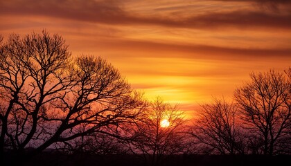 Fototapeta premium a serene sunset with the sun partially visible on the horizon casting an orange glow across the sky bare tree branches are silhouetted against the colorful sky with a few other trees visible