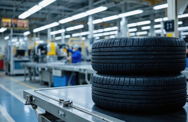 Fototapeta premium Stack of car tires in factory setting. Modern tire manufacturing plant with industrial machinery, workers in background. Focus on new rubber wheels, suggesting automotive production, transportation