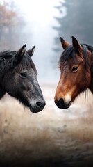 Horses in a misty field engage in a quiet moment of connection during early morning light
