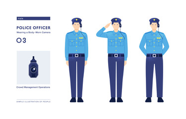 雑踏警備活動をする警官  ボディカメラを頭に装着したおまわりさんのベクターイラスト 全身のセット