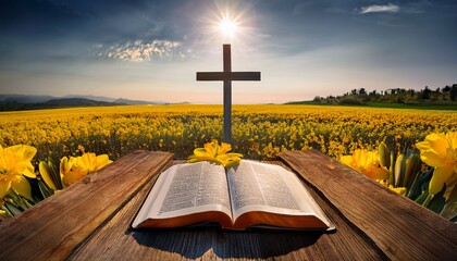beautiful yellow flowers surround a cross and holy bible in a serene worship setting