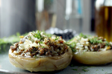 Close-up of stuffed artichoke with rice and meat