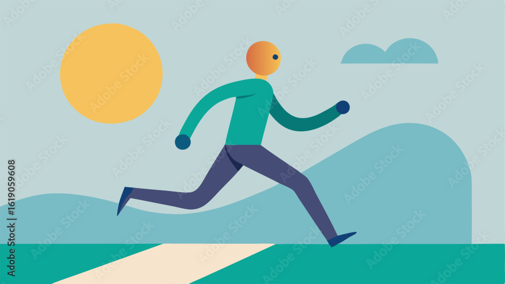 Poster exercise and wellness a figure running on a path with a glowing sun in the background promoting phys