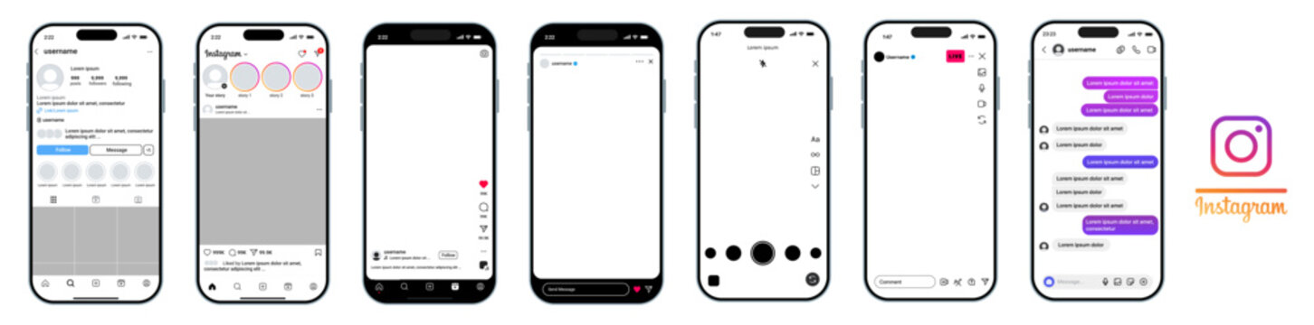 Instagram interface with reels, stories, posts, grid, live stream, and direct messenger in a mobile phone social media layout mockup design