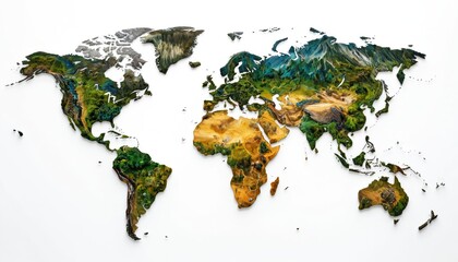 Vibrant 3D world map visualizes Earths diverse ecosystems, landscapes. Continents display rich textures representing mountains, forests, deserts, oceans. Ideal for education, travel planning,