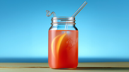 watermelon lemonade in glass jar, sky blue background space