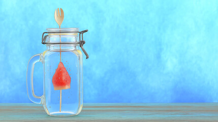 watermelon lemonade in glass jar, sky blue background space