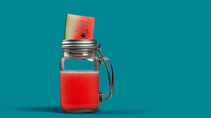 watermelon lemonade in glass jar, sky blue background space