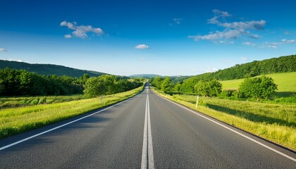 Fototapeta premium long empty road stretches into distance surrounded by lush green trees and rolling hills under clear blue sky serene landscape evokes sense of calm and adventure