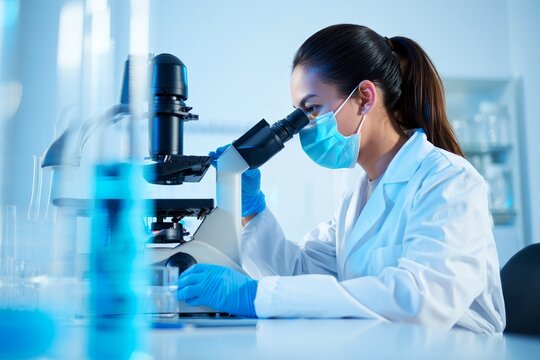 A scientist using a microscope in a laboratory for medical research and analysis