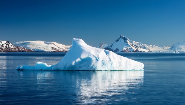 solitary iceberg floats serenely in calm waters reflecting its icy form against backdrop of distant snowy mountains under clear sky - Powered by Adobe