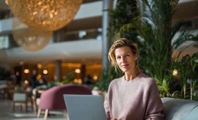 Self assured professional on video call using laptop in hotel lobby