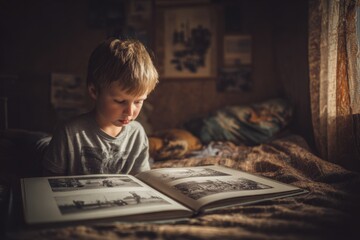 Seven year old boy looking through vintage photo album Family heritage